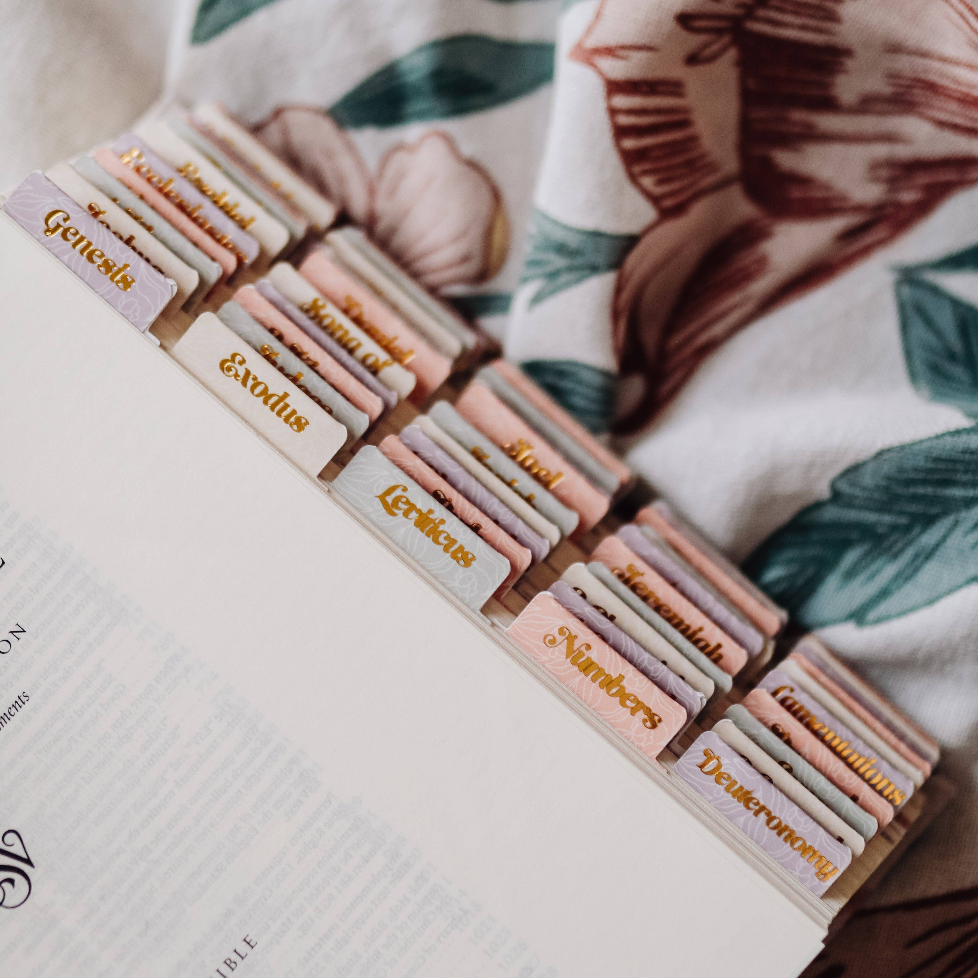 Pastel Floral Bible Tabs – Gold Foil Scripture Index Tabs