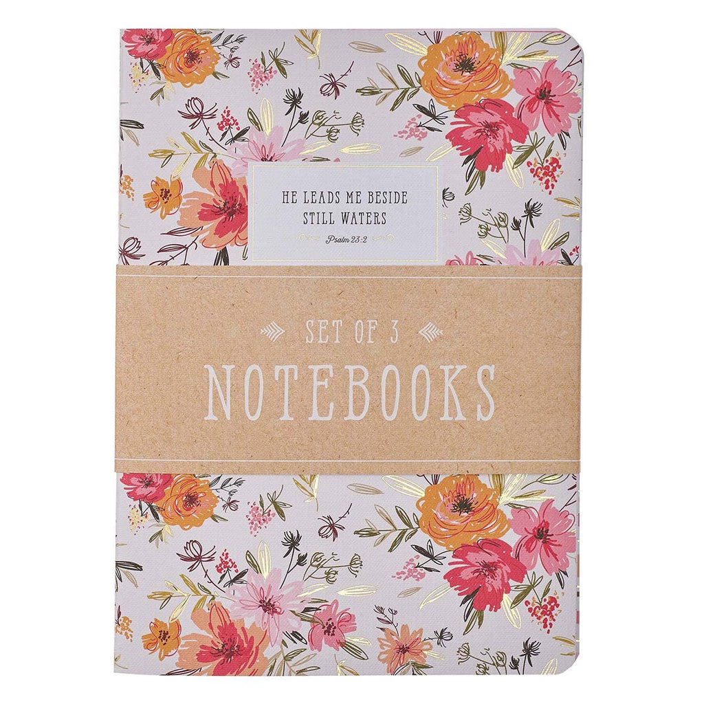 “He Leads Me” Pink Floral Notebook Set of 3- Psalm 23:2