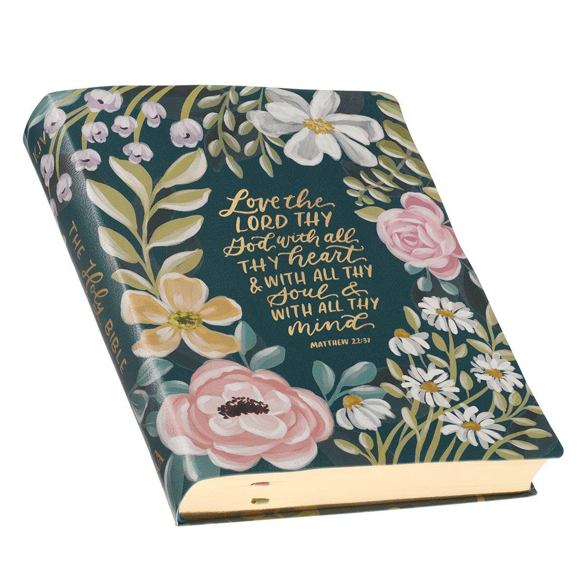 “Love the Lord Thy God” Teal Floral KJV Large Print Note-Taking Bible — Matthew 22:37