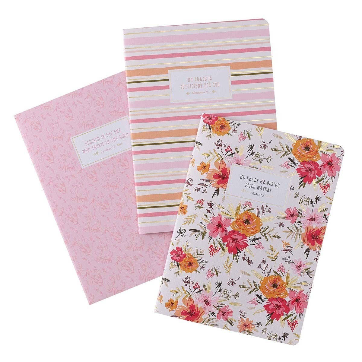 “He Leads Me” Pink Floral Notebook Set of 3- Psalm 23:2
